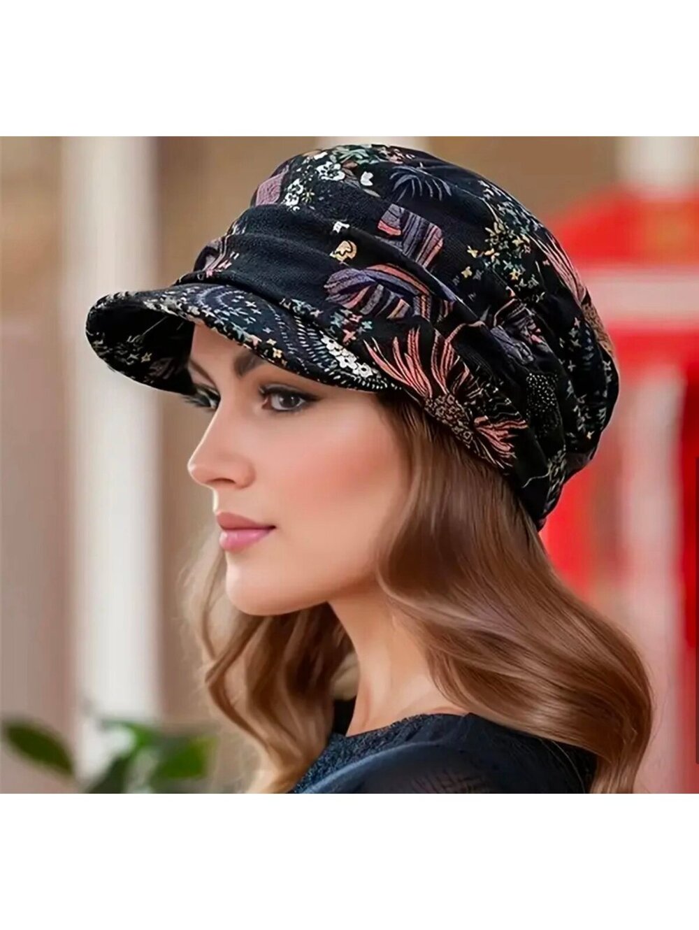 New - Trendy - Floral Print Ruched Newsboy Hat - Black/Pink - OS